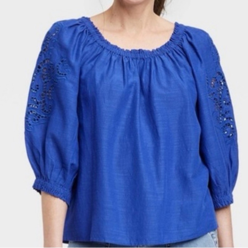 Knox Rose Royal Blue Blouse with Eyelet Sleeves